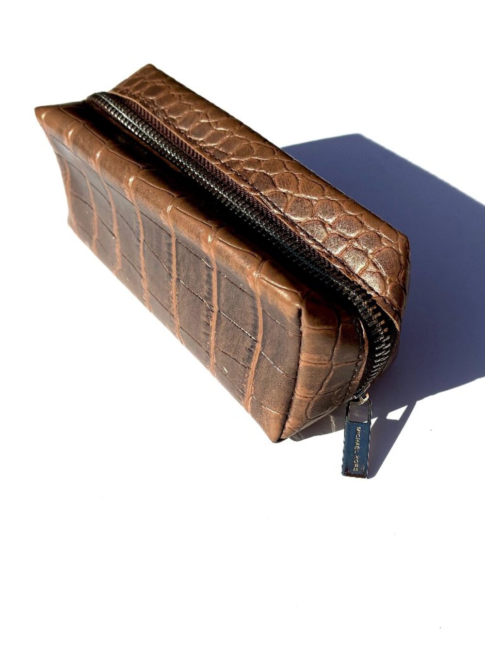 Michael Kors Crocodile-Embossed Leather Sunglass Soft Zipper Case, Brown
